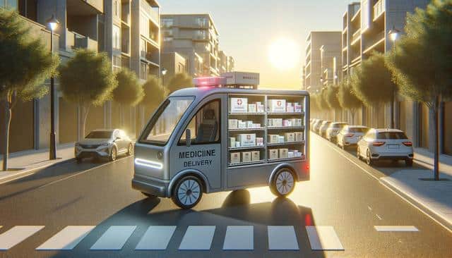 Autonomous medicine delivery van on a sunlit city street with buildings and trees.