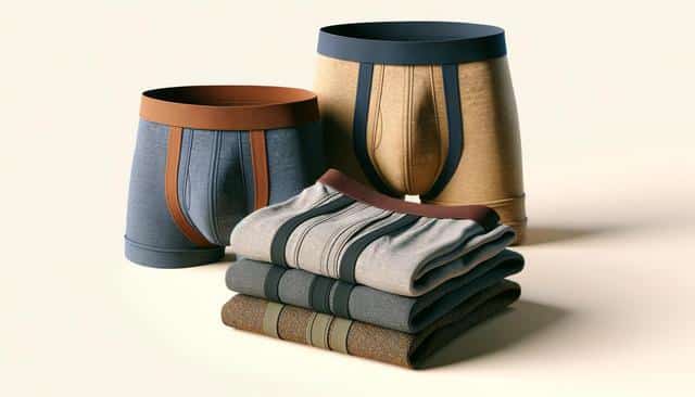 Two pairs of boxers standing, one blue, one brown, next to four folded pairs in various colors.