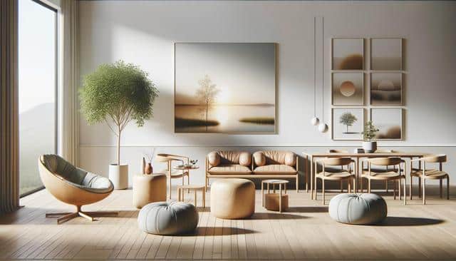 Minimalist living room with natural wood furniture, green accents, and large landscape paintings on the wall.