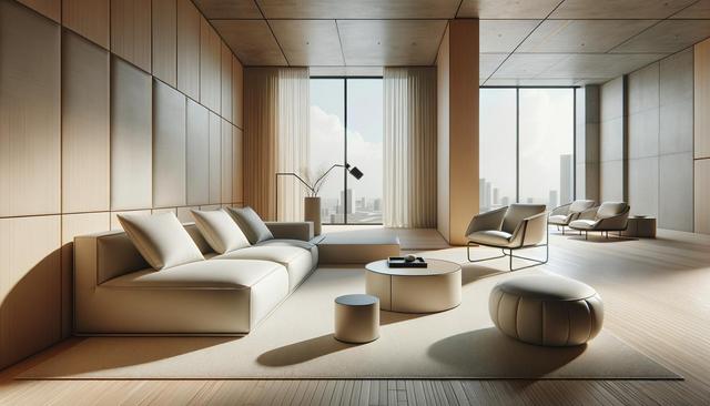 Minimalist living room with beige furniture, large windows, and city view.