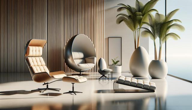 Modern living room with stylish chairs, a lounge, potted plants, and a wood-paneled wall.