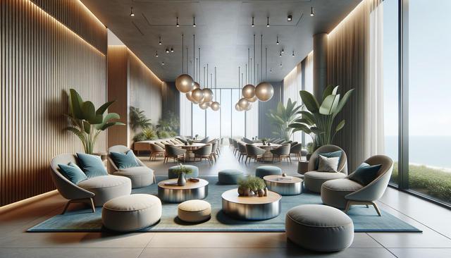 Modern lounge with cozy seating, round tables, large floor plants, and pendant lights overlooking the ocean through tall windows.
