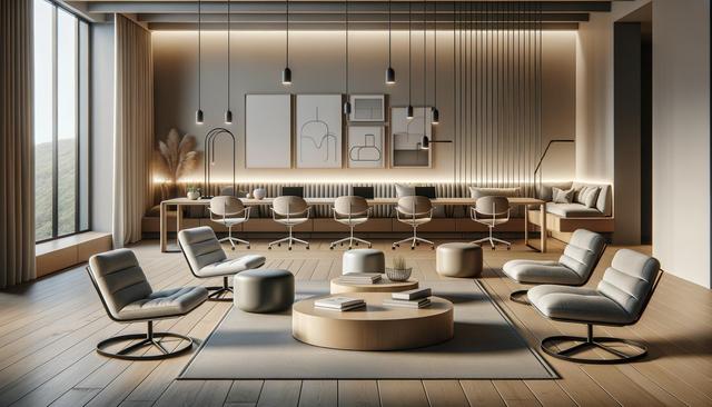 A modern lounge with sleek chairs, circular tables, abstract wall art, and large windows.