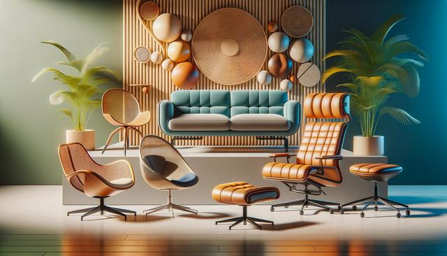 Modern furniture showroom with colorful chairs, a sofa, circular wall decor, and large potted plants.