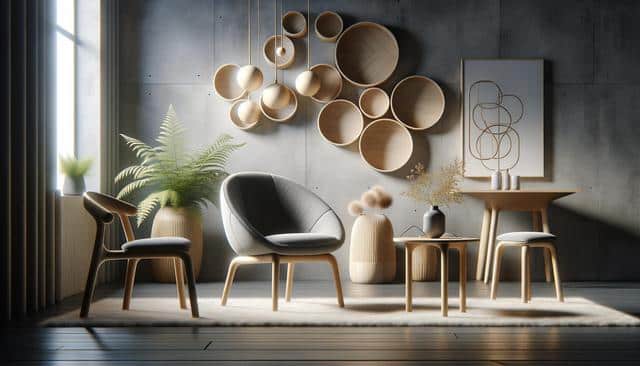 Modern living room with wooden furniture, abstract wall art, and a large plant.