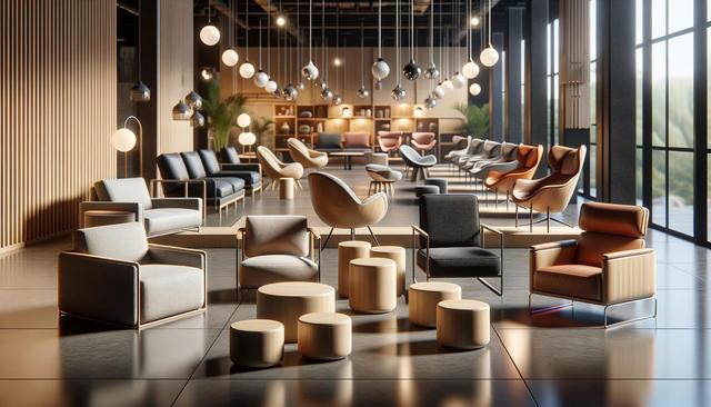 Modern lounge with sleek chairs, round wooden tables, globe lighting, and floor-to-ceiling windows.
