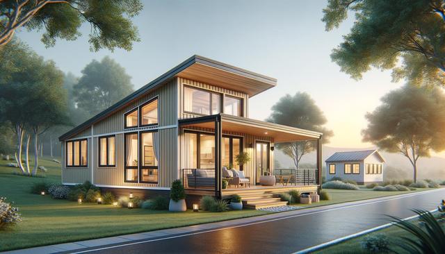 Modern house with large windows, surrounded by trees and greenery, lit by warm sunset light.