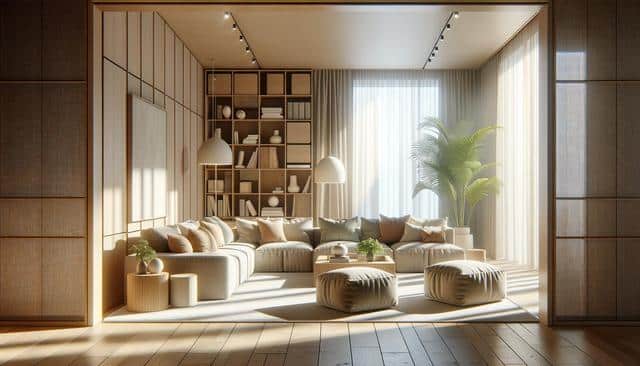 A cozy, modern living room with a large sectional sofa, soft lighting, floor-to-ceiling windows, and light wood accents.