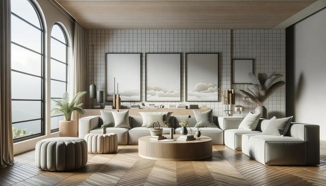 Modern living room with beige furniture, wooden accents, abstract wall art, large windows, and plants.