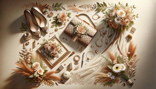 Elegant flat lay of wedding accessories and decorations, featuring shoes, a quilted bag, flowers, and jewelry in soft neutral tones.