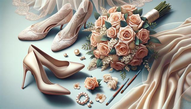 Elegant bridal accessories: lace veil, beige high heels, bouquet of peach roses, pearls, and fabric.