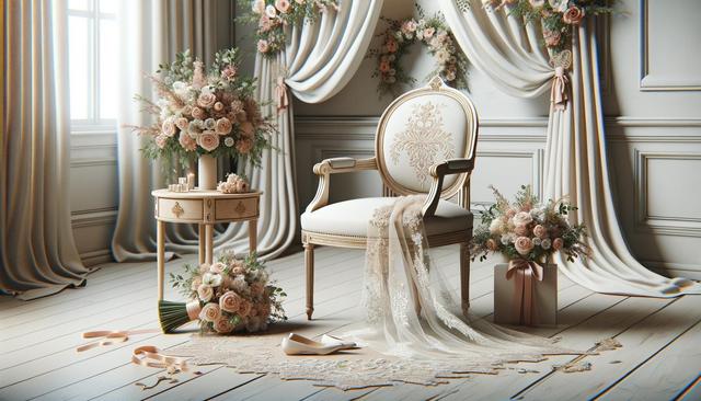 Elegant room with a floral-decorated chair, lace fabric, bouquet, and vintage table with candles.