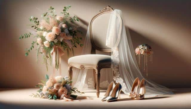 Elegant chair with a wedding veil, surrounded by floral arrangements and a pair of high heels.