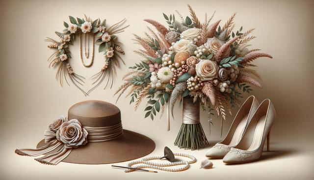 Elegant ensemble with a floral bouquet, pearl necklace, wide-brimmed hat, and high heels.