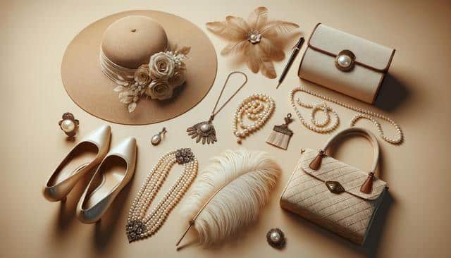 Elegant accessories on beige background with hat, shoes, purse, pearls, and jewelry.