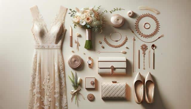 Wedding dress, bouquet, accessories, and shoes elegantly arranged on a beige background.