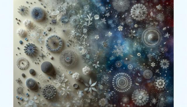 Intricate, abstract floral patterns in soft blue, beige, and black tones, blending into a cosmic, dreamy background.