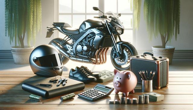 A motorcycle in a room with potted plants, surrounded by a helmet, shoes, a piggy bank, stacks of cash, and office supplies on a wooden table.