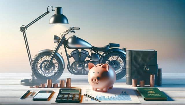 A desk with a motorcycle, lamp, piggy bank, coins, calculator, pen, notebook, and a passport.