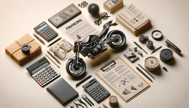 A flat lay of financial documents, calculators, money stacks, and a small motorcycle model on a beige background.