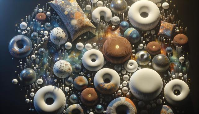 Abstract celestial-themed design with 3D spheres, cushions, and donuts in space, featuring stars and galaxies.