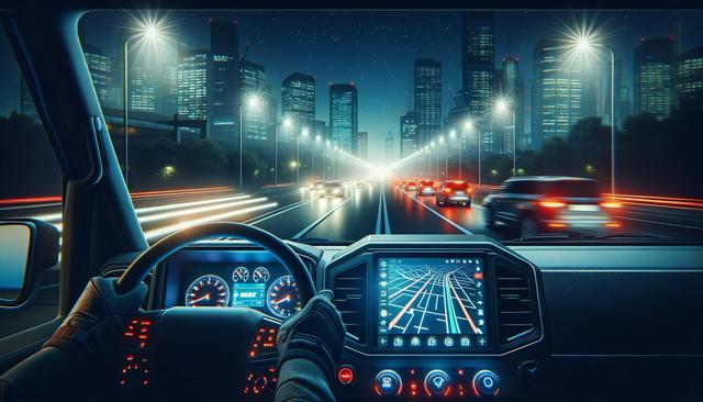 Inside a car driving on a highway at night, city skyline ahead, dashboard with navigation screen visible.