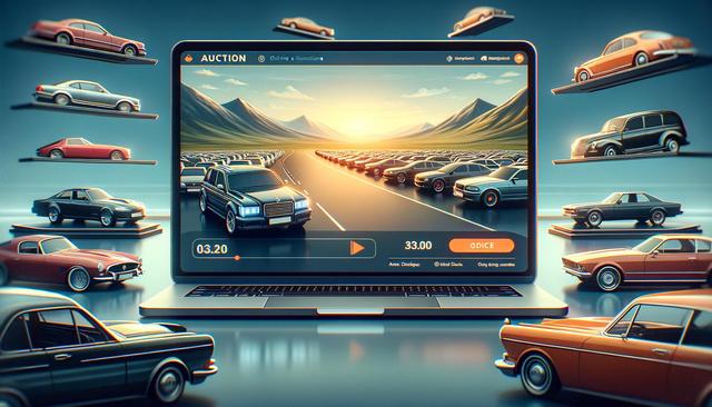Digital car auction on a laptop with cars displayed on platforms around it.