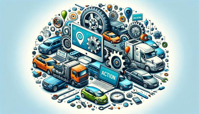 Illustration of cars, trucks, gears, and digital devices, symbolizing automotive technology and online action.