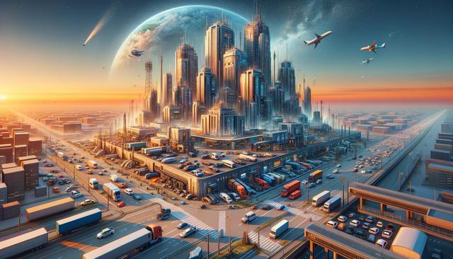 Futuristic cityscape with skyscrapers, flying vehicles, and a bustling highway below a vast planetary backdrop.