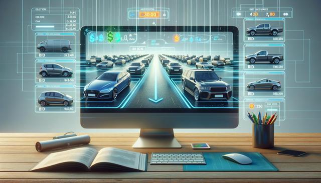 A computer screen shows a futuristic car auction interface with various cars displayed. A desk holds books, a keyboard, and stationery.