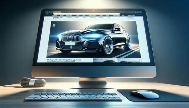 A computer screen showing a luxury car on a sleek website, on a desk with a keyboard and mouse.
