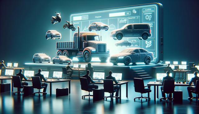 People at workstations control floating holographic vehicles in a futuristic room.