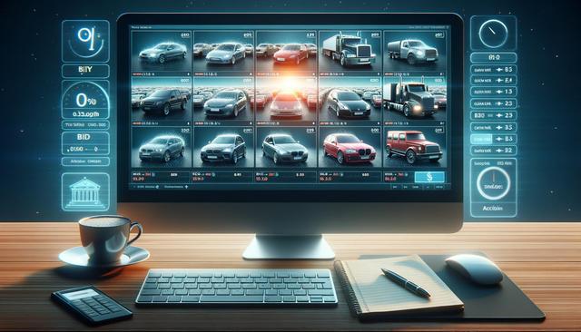 A computer screen displays a car auction interface with vehicle images and details. A keyboard, mouse, notepad, pen, smartphone, and coffee cup are on the desk.