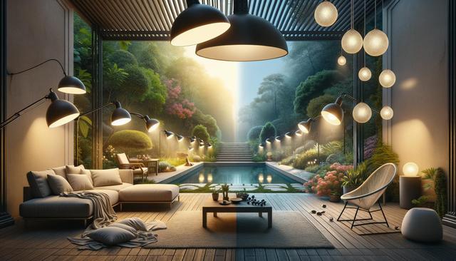 Modern open patio with cozy seating, decorative lighting, and a view of a lush garden with a central pool and steps leading into greenery.
