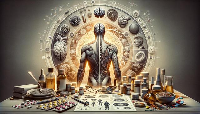 A scientific illustration of a human figure with anatomical details surrounded by an array of medicine bottles, pills, and organs.