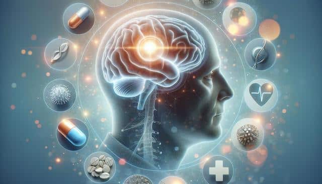 A side profile of a human head with a glowing brain, surrounded by icons of medicine, DNA, and healthcare.