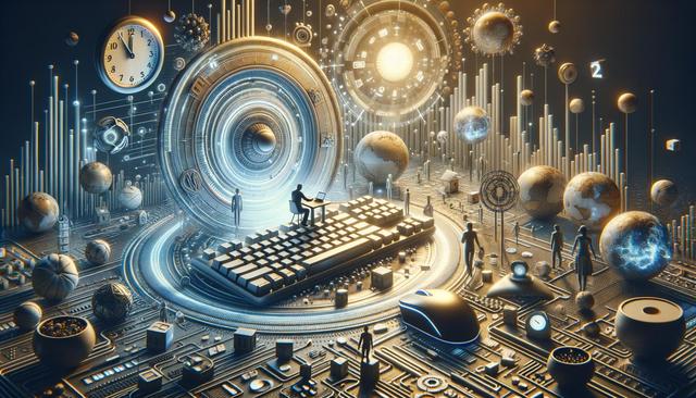 A digital, futuristic scene with a person at a laptop on a large keyboard surrounded by abstract gears, clocks, and globe elements, symbolizing technology and time.
