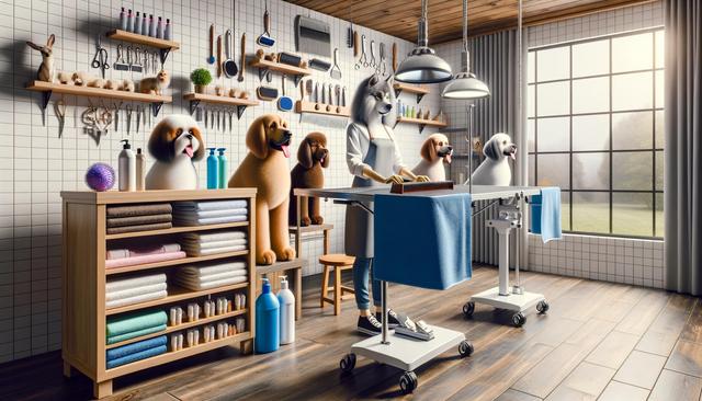 A person with a wolf head works in a dog grooming salon with large fluffy dogs, shelves of towels, and grooming tools.