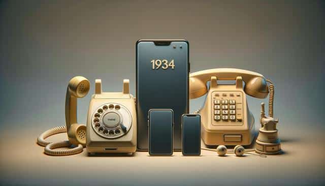 Vintage rotary and push-button phones with smartphones, showing "1934" on the screen, arranged artfully.