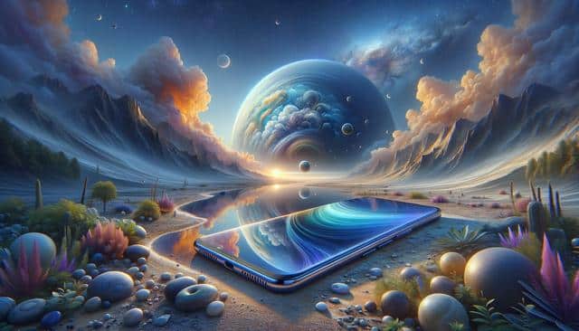 Surreal landscape with a large smartphone reflecting a cosmic scene of planets, mountains, and colorful clouds.