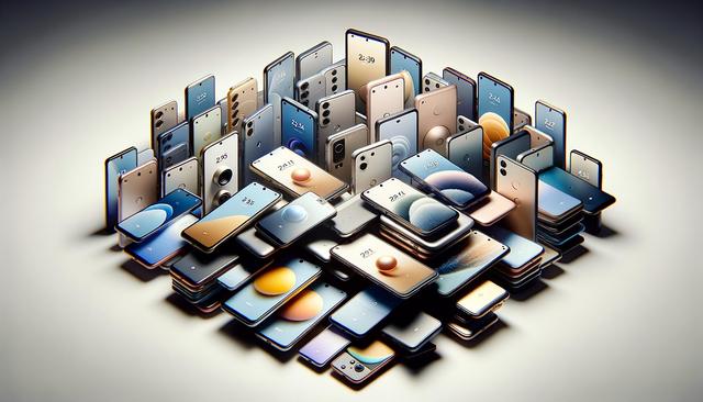 A large pile of smartphones, angled upward, showcasing various screen designs and sizes.