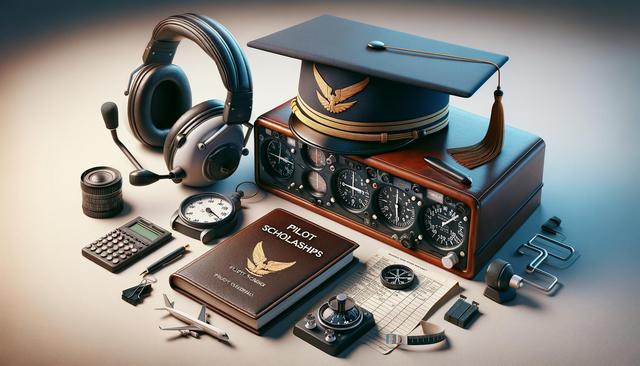 A graduation cap and pilot's logbook with aviation tools, a headset, plane model, and flight instruments.