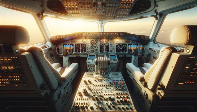 Airplane cockpit with numerous controls, seats, and a glowing sunset through the windows.