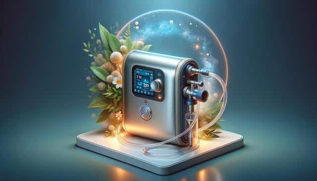 A futuristic device with a screen and dials is surrounded by lush green leaves and glowing elements on a platform.