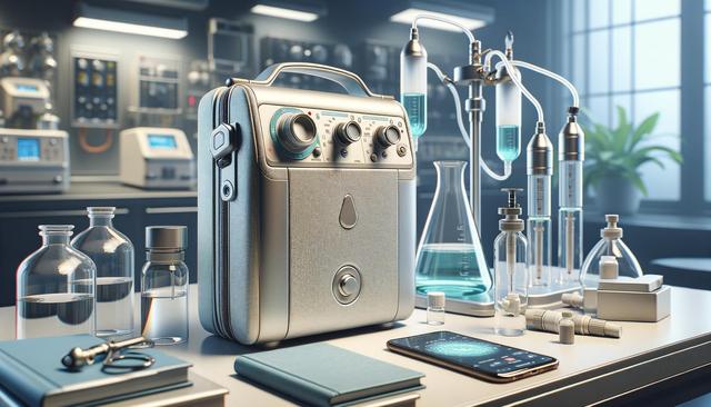 A stylish medical device in a lab setting with vials, a phone, books, and equipment on the table.