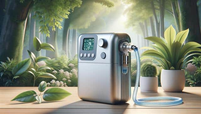 A sleek, modern medical device with a digital display and tube is placed on a wooden surface surrounded by lush green plants in a bright forest setting.
