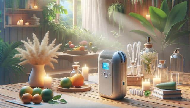 Cozy room with plants, candles, a vase of pampas grass, oranges, and a medical device on a wooden table. Sunlight filters through a window.