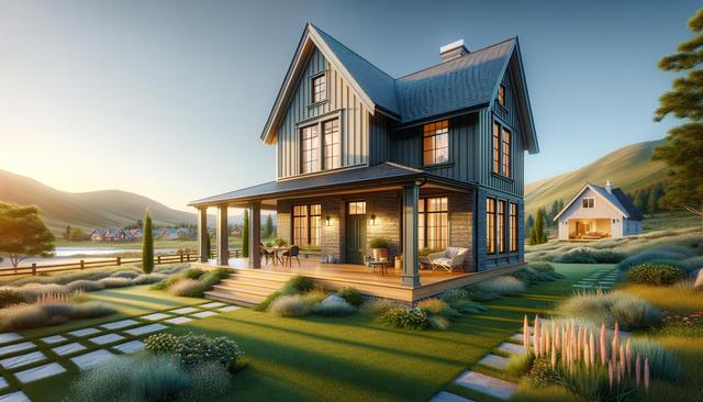 A charming two-story house with a porch, surrounded by a lush garden and scenic hills at sunset.