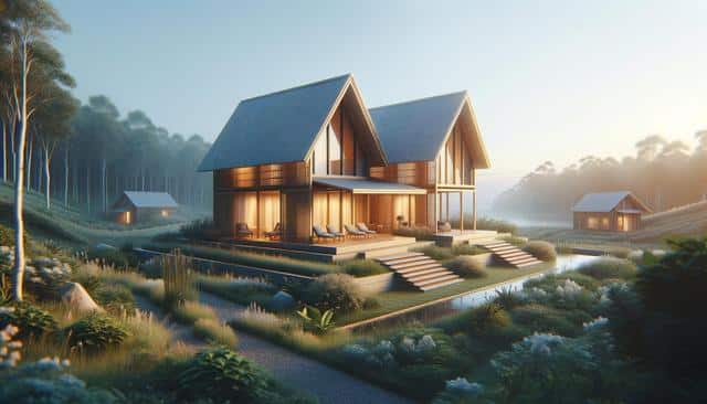 A serene modern wooden house surrounded by trees and fog, illuminated warmly at sunrise.