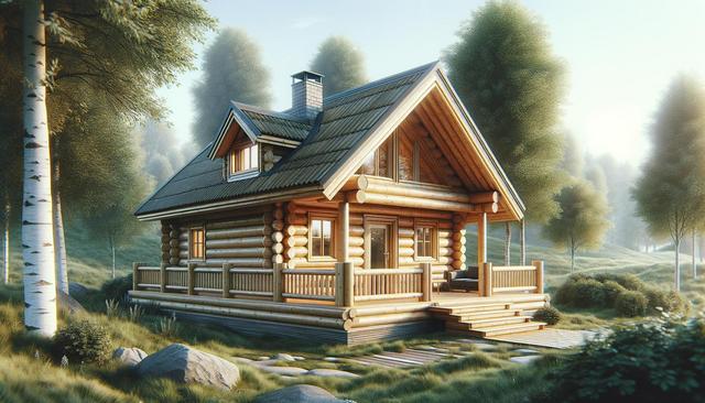 Cozy log cabin surrounded by trees and grass in a sunlit forest setting.